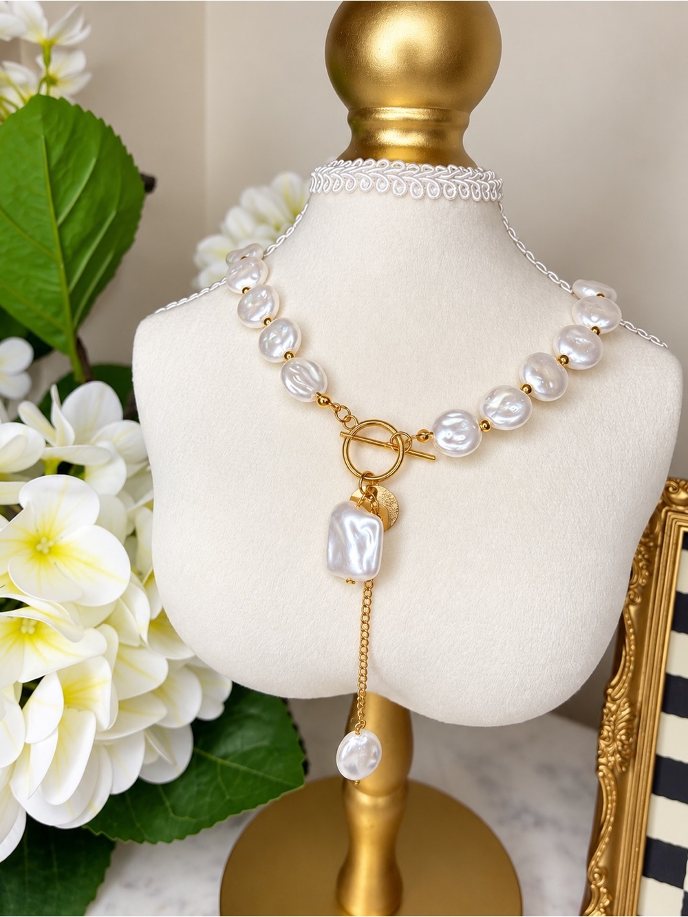 Elegant Gold & White Pearl Necklace